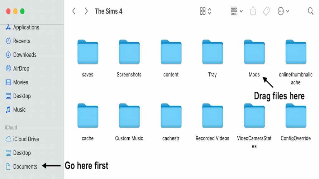 Mac's finder window, displaying content for the Sims 4 document with arrows pointing at the words documents and mods