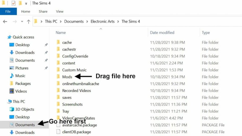 PC documents folder showing the folder contents for The Sims 4 with arrows pointing to "Documents" and "Mods". 