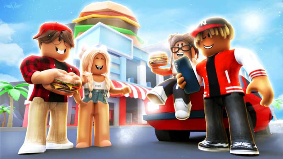 Characters eating burgers in Roblox Fast Food Tycoon