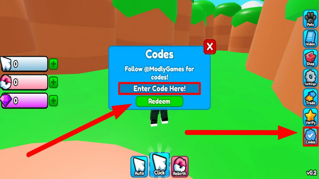 Redeem code text box for Roblox Clicker League 