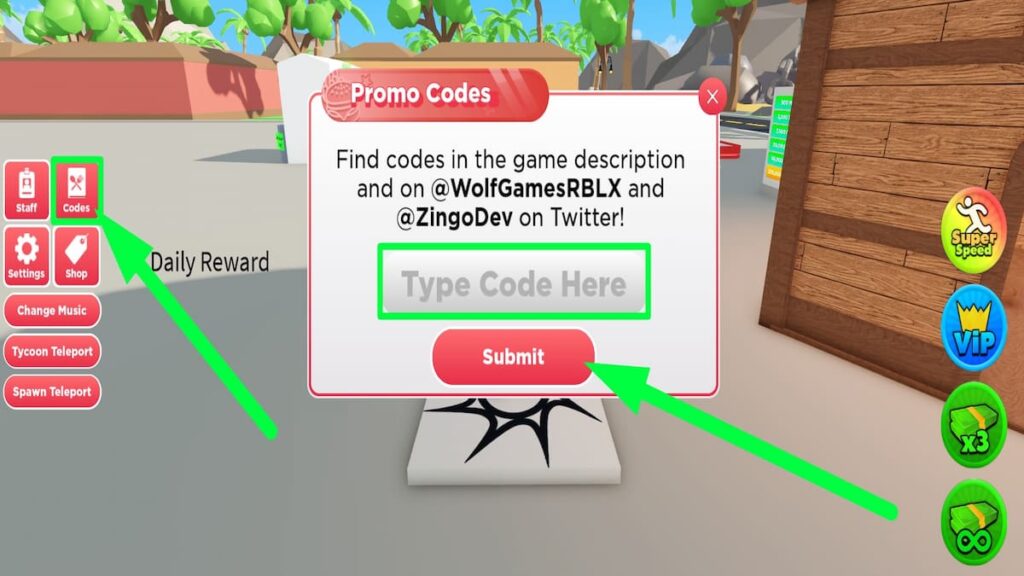 Redeem code text box for Roblox Fast Food Tycoon