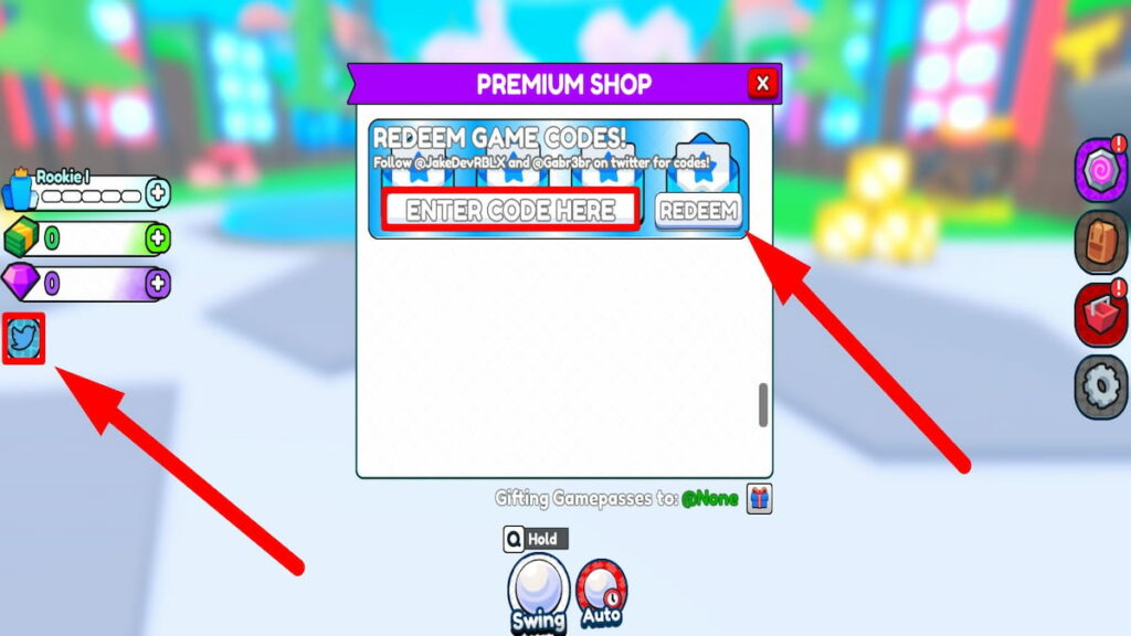 Redeem code text box for Roblox Golf Swing Simulator