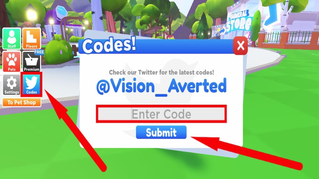 Redeem code text box for My Pet Shop Tycoon