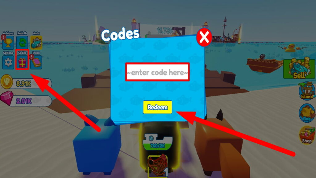 Text box for redeeming code in Pet and Fishing Simulator 