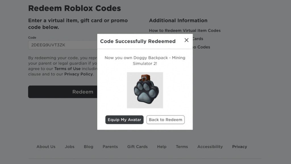 Roblox - Doggy Backpack - Mining Simulator 2 DLC CD Key