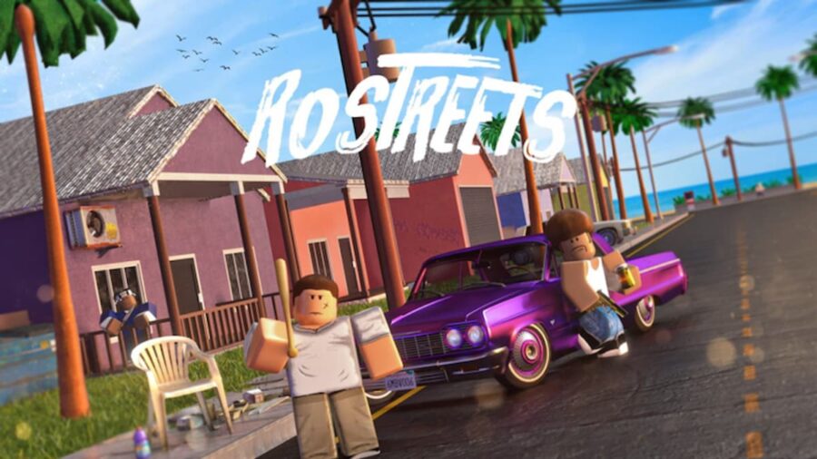 Roblox RoStreet characters standing in front of purple car