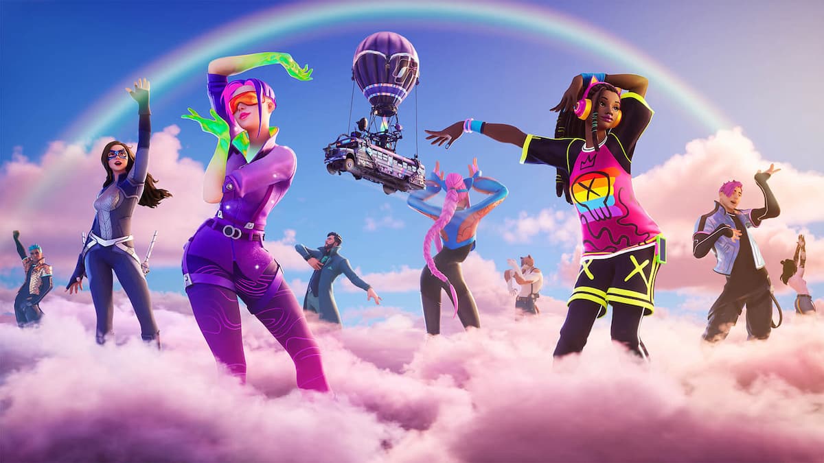 Fortnite characters dancing under the rainbow