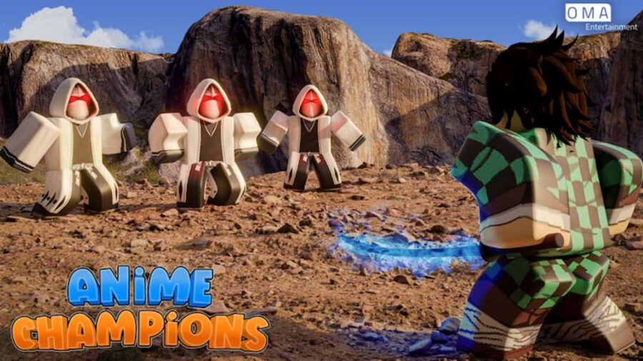 Character facing down enemies in Roblox Anime Champions