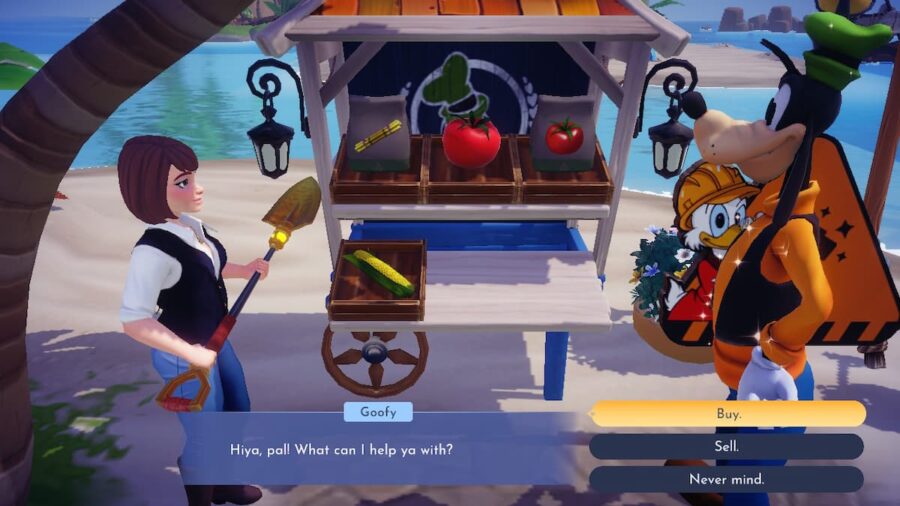 Purchase tomato seeds at Goofy's Stall on Dazzle Beach in Disney Dreamlight Valley