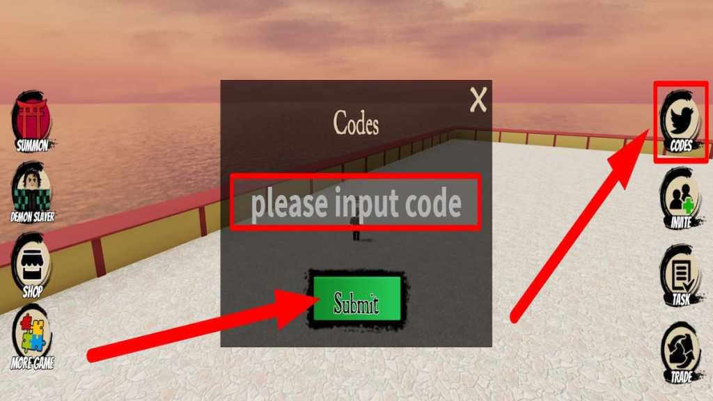 Redeem code text box for Demon Slayer Tower Defense Simulator