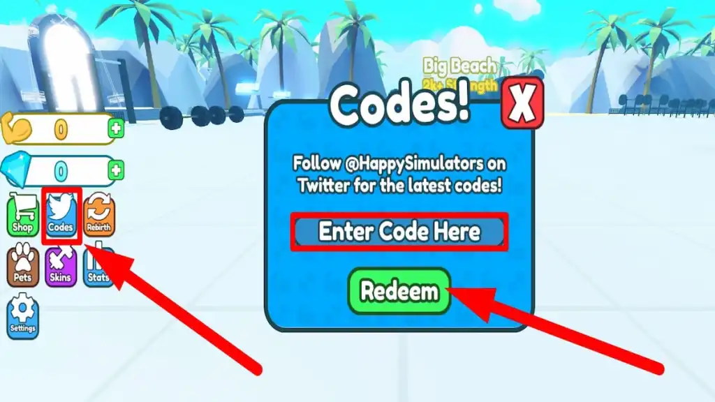 Redeem code text box for Roblox Grown Strong Simulator