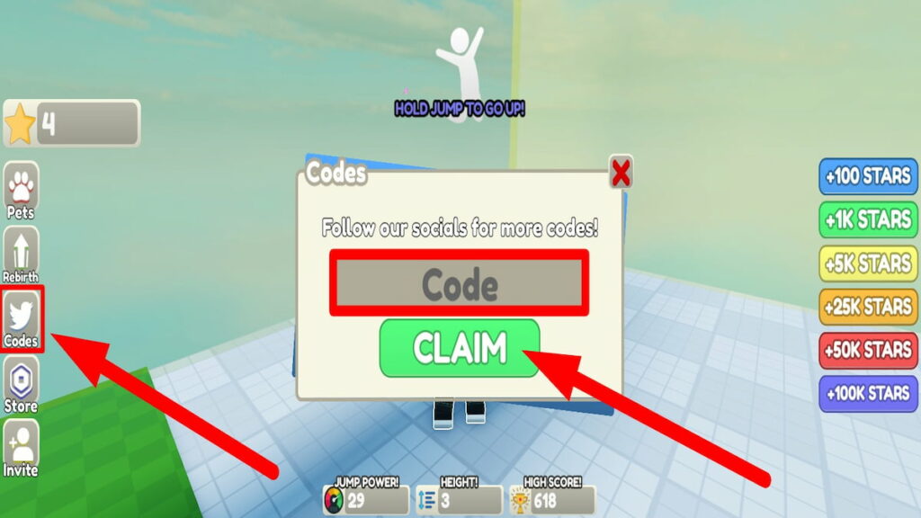 Redeem code text box for Roblox Jump Clicker