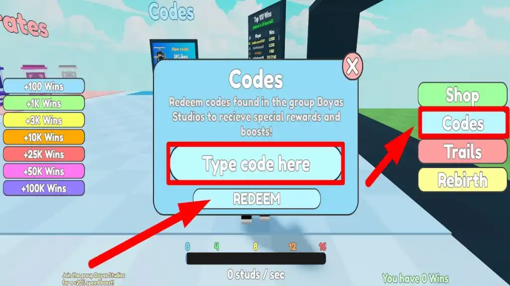 Redeem code text box for Roblox Speed Race