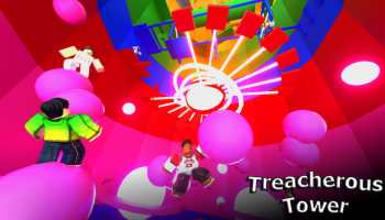 Character climbing to the top of the tower in Roblox Treacherous Tower