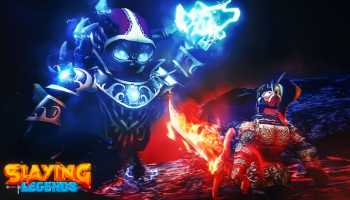 Characters battling in Roblox Slaying Legends