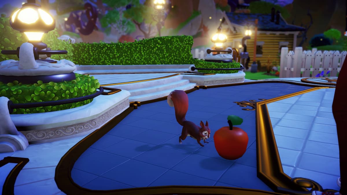 Red Squirrel in the Plaza sniffing an apple