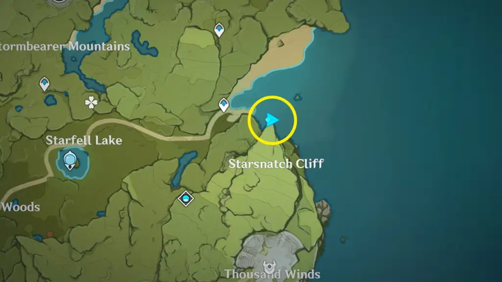 screenshot of the genshin impact map with the tip of starsnatch cliff circled