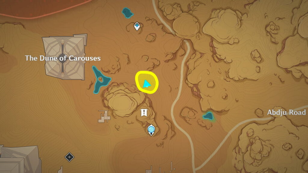 a map of sumeru's desert with the halfway point between the west Statue of the Seven and the Dune of Carouses Teleport Waypoint circled