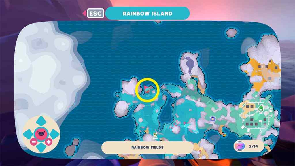 at the furthest north point on the slime rancher map, after a dropoff, circled on the slime rancher map