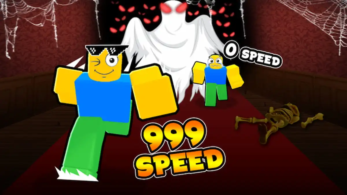 Character running away from a ghost in Roblox Halloween Race Clicker