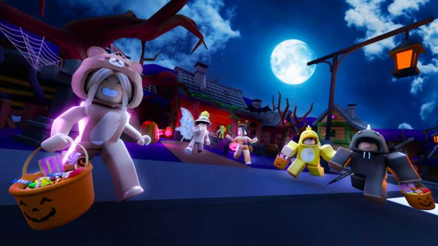 Characters wearing costumes and baskets of candy in Roblox Trick Or Treat Simulator X