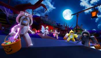 Characters wearing costumes and baskets of candy in Roblox Trick Or Treat Simulator X