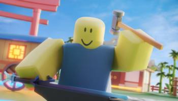 Character crafting a weapon in Roblox Weapon Blacksmith Tycoon