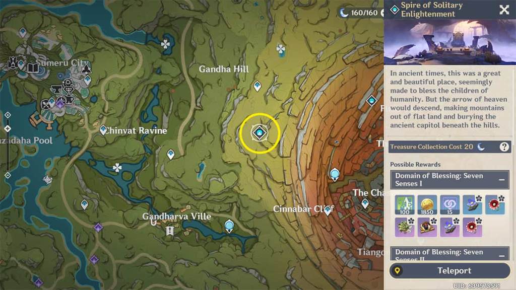 map of the area between sumeru and the chasm, with a circle around the spire of solitary enlightenment domain