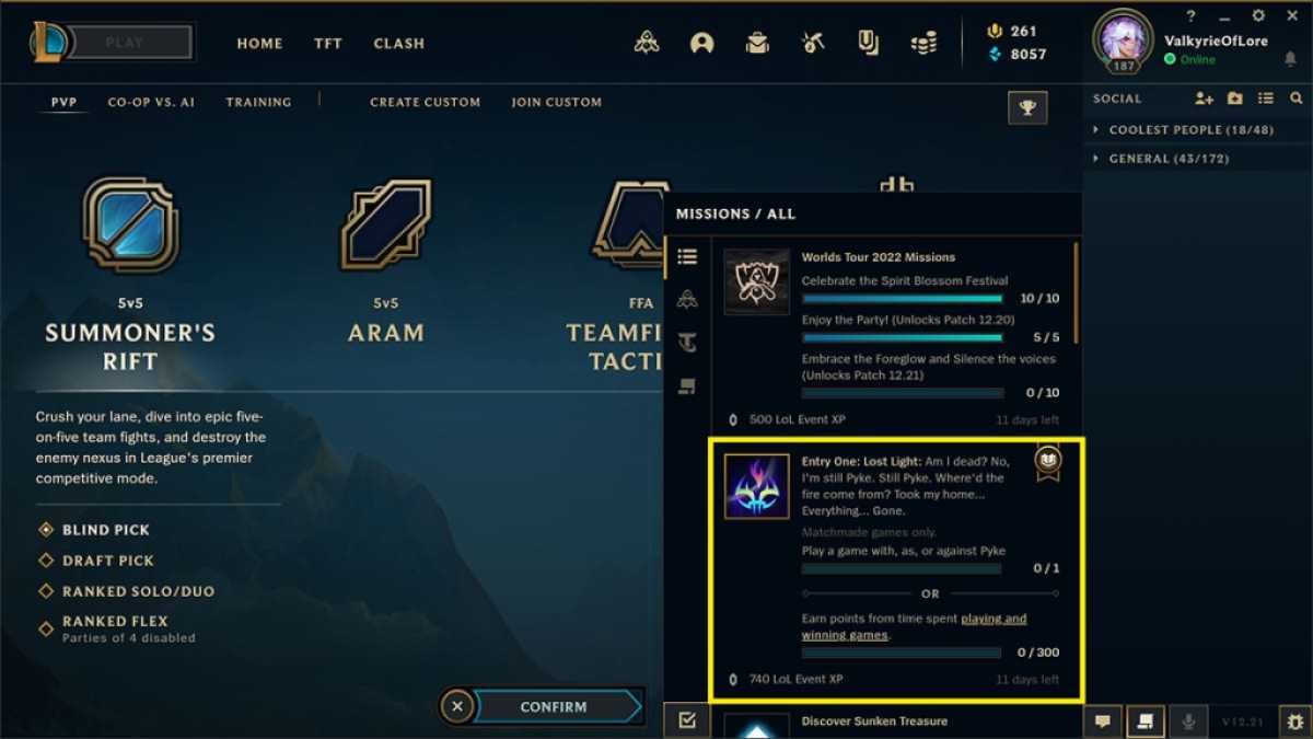 league of legends client with the empyrean mission circled