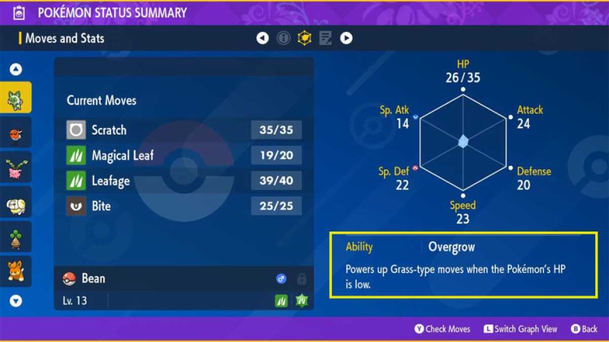 pokemon status summary with the pokemon's ability circled