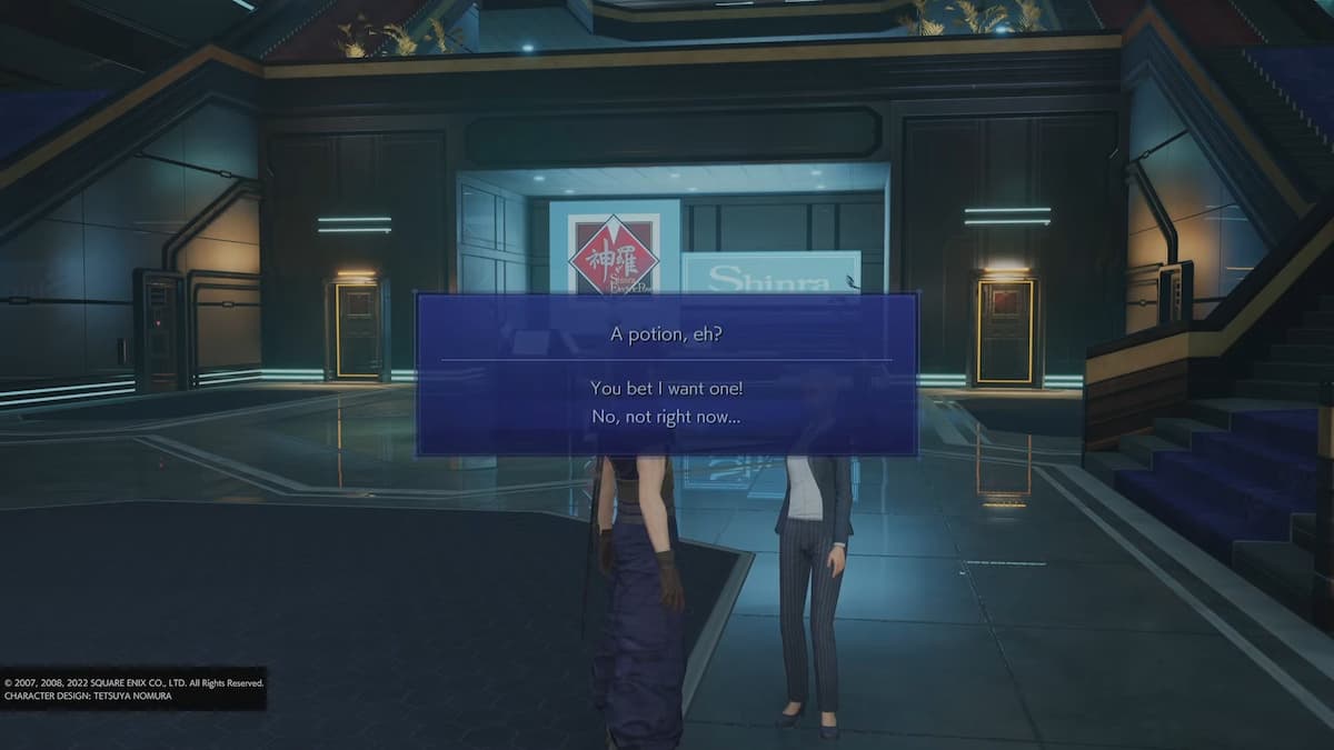 A blue dialogue box saying "A Potion, eh?