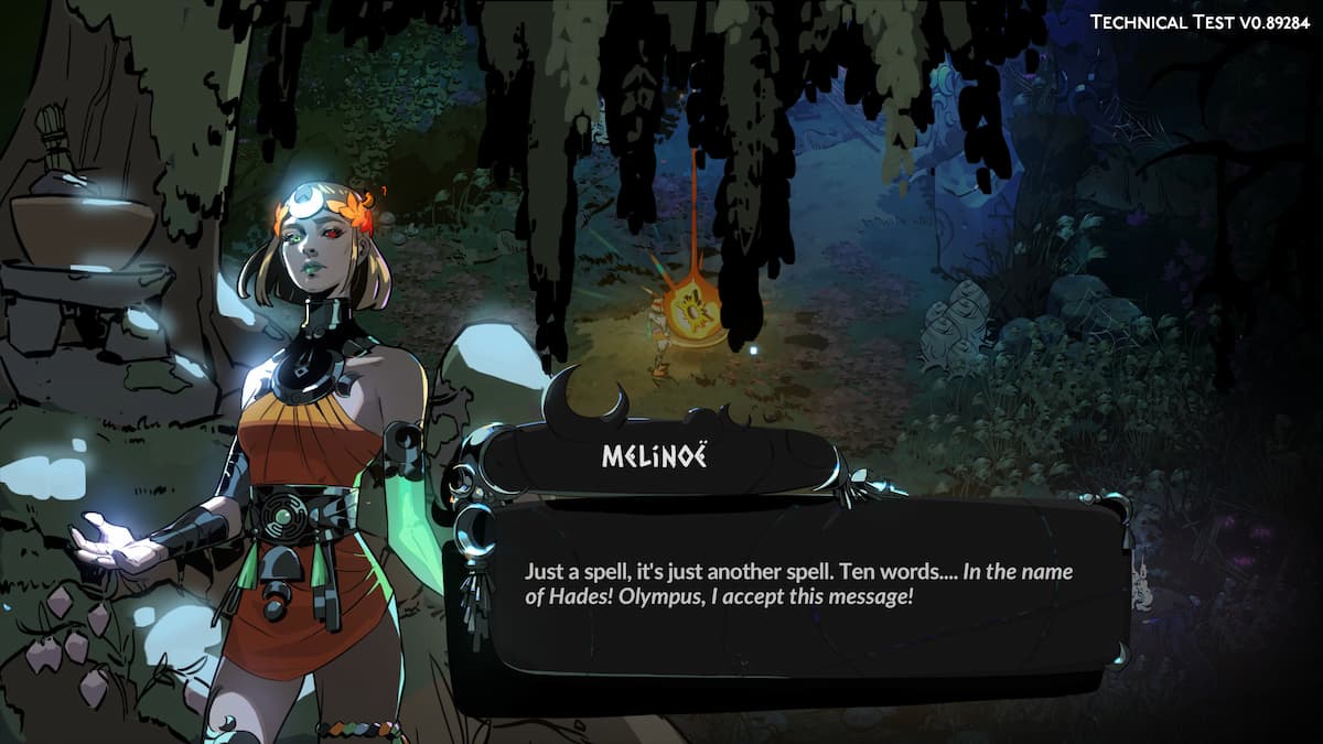 The character model of Melinoe in Hades 2 while she is meeting a god for the first time.