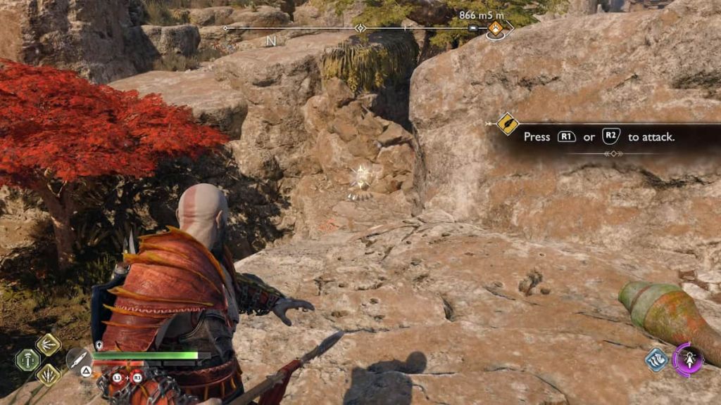 Kratos using Draupnir Spear to clear his way to a legendary chest