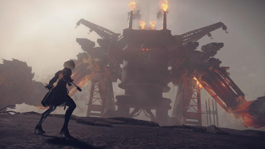 2-B Standing in front of a Giant Robot in Nier Automata