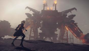 2-B Standing in front of a Giant Robot in Nier Automata