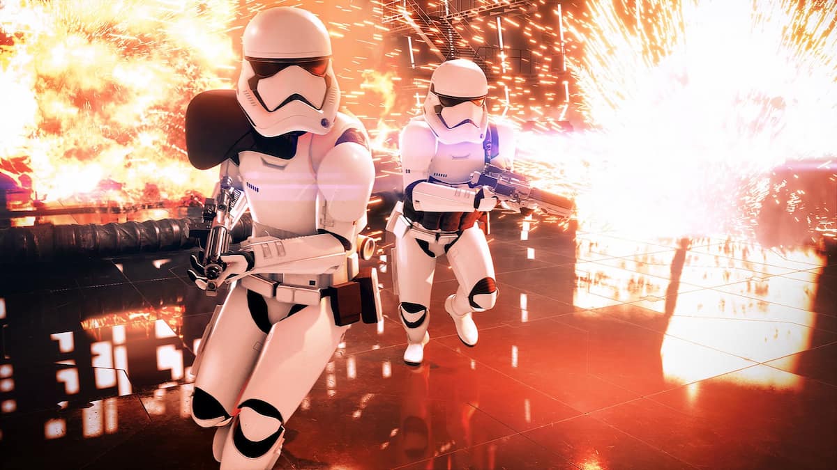 Storm Troopers running away with flames in the background