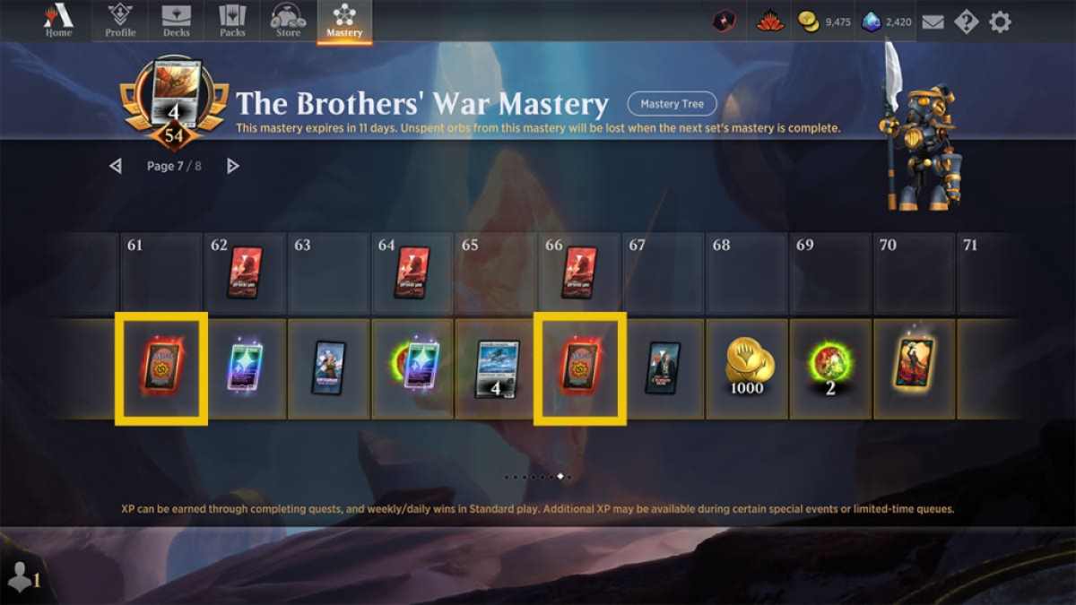 tiers 61 to 70 of the brothers' war mastery pass, with the mythic rare card rewards on tier 61 and 66 highlighted