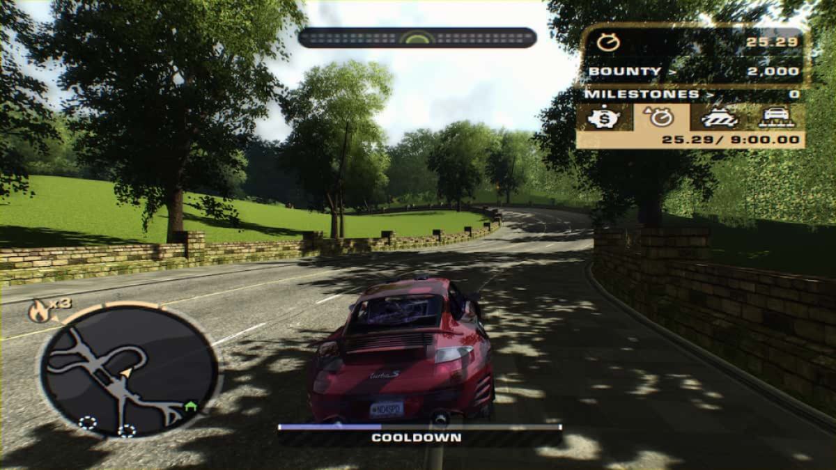 Need For Speed Most Wanted 2005 in-game screenshot with a red car