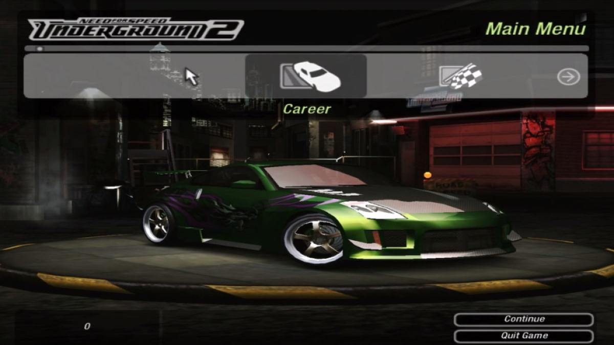 Green Race Car in the main menu of Need For Speed Underground 2