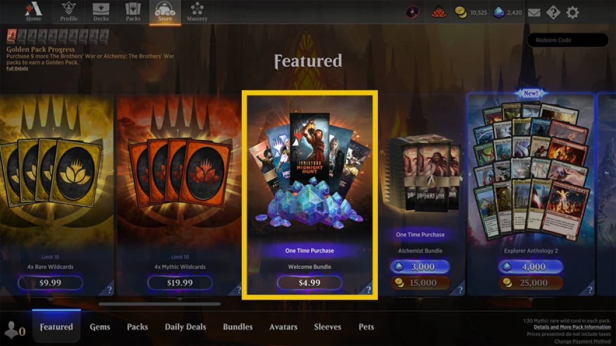 mtg arena shop page with the welcome bundle highlighted
