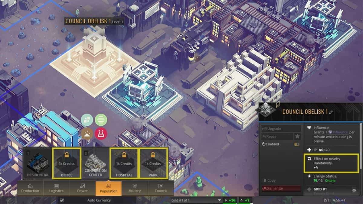 council obelisk pop-up menu with the "effect on nearby hospitability: +4" menu highlighted, along with the Office, Hospital, and Park building icons