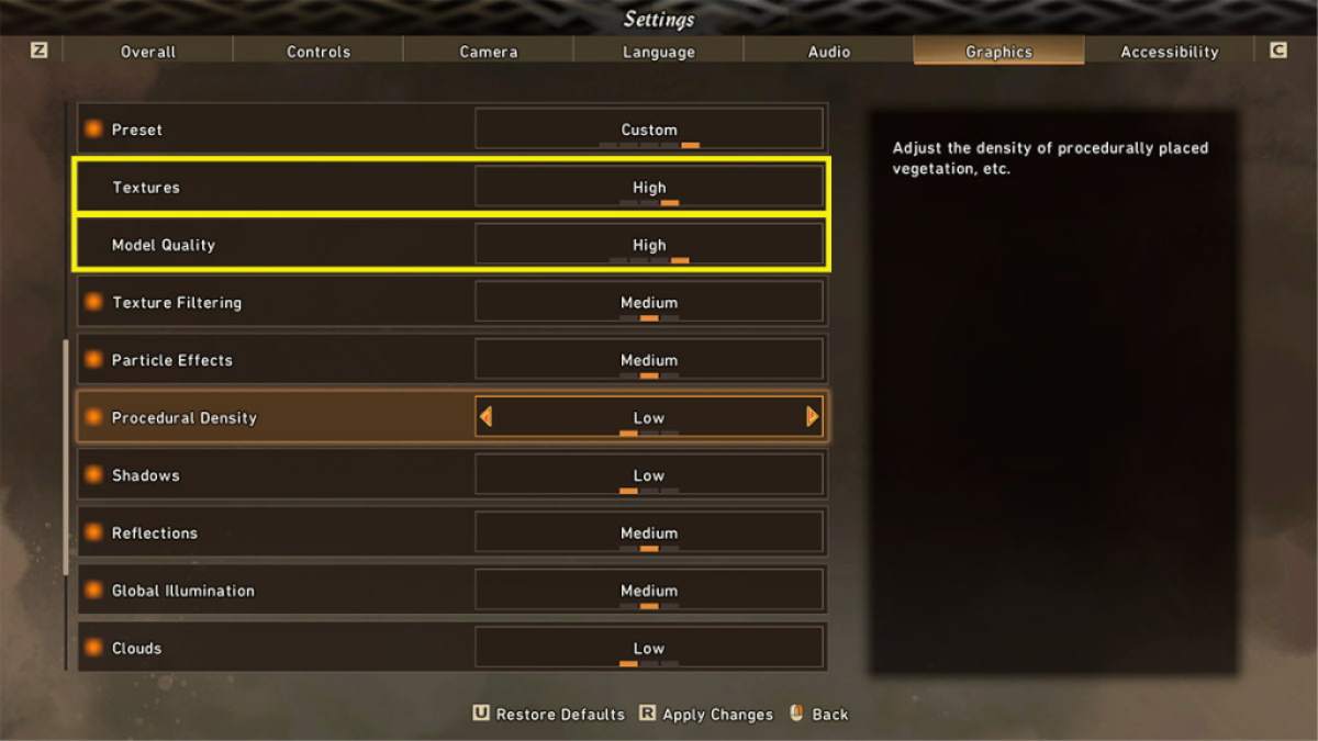graphics tab of the settings menu, the Textures and Model Quality options are set to high.