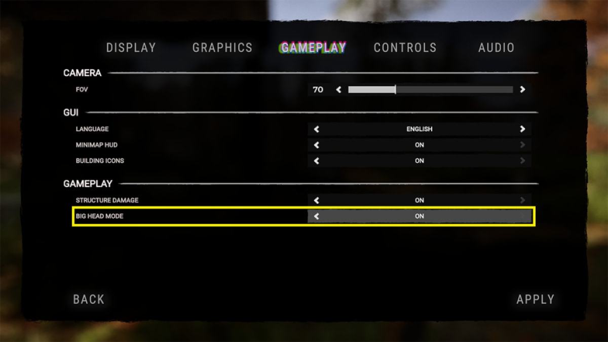 gameplay tab of the settings menu, Big Head Mode is switched on.