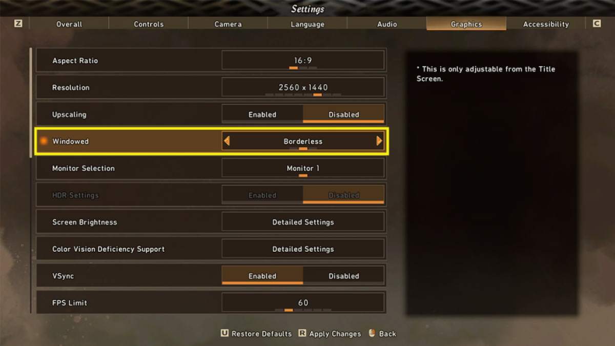 graphics tab of the settings menu, with the Windowed option highlighted. the slider is set to Borderless.