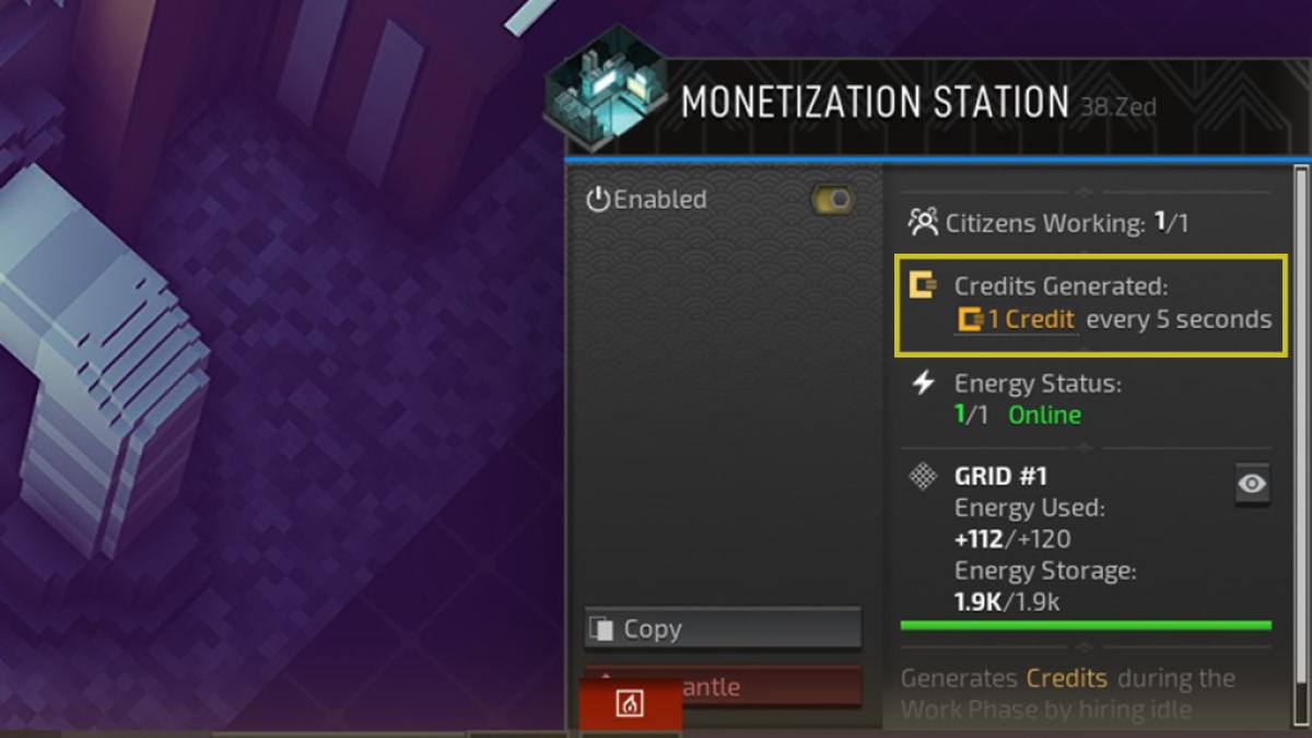 monetization station menu with the credits generated section highlighted