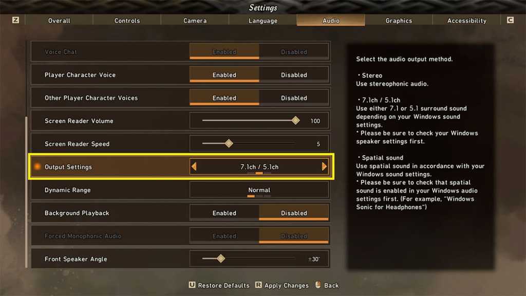 the audio tab of the settings menu, where the 