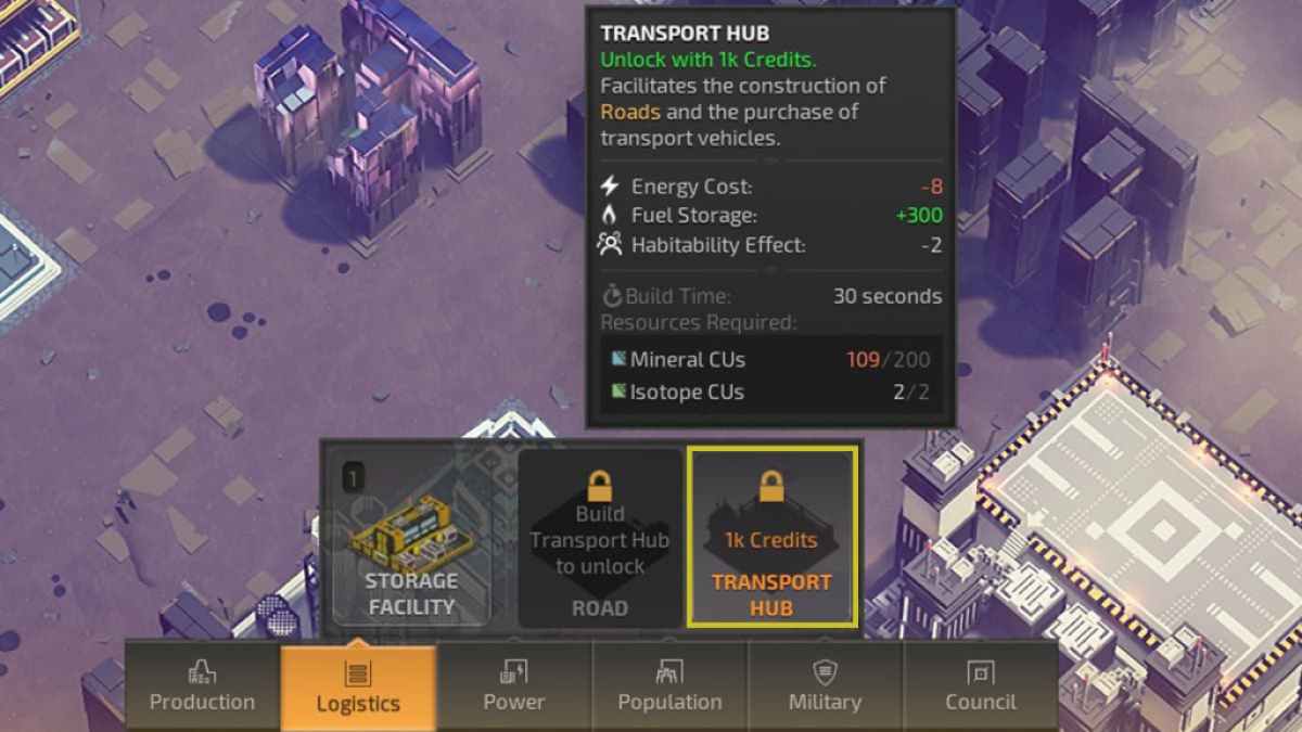 transport hub icon highlighted under the logistics building menu