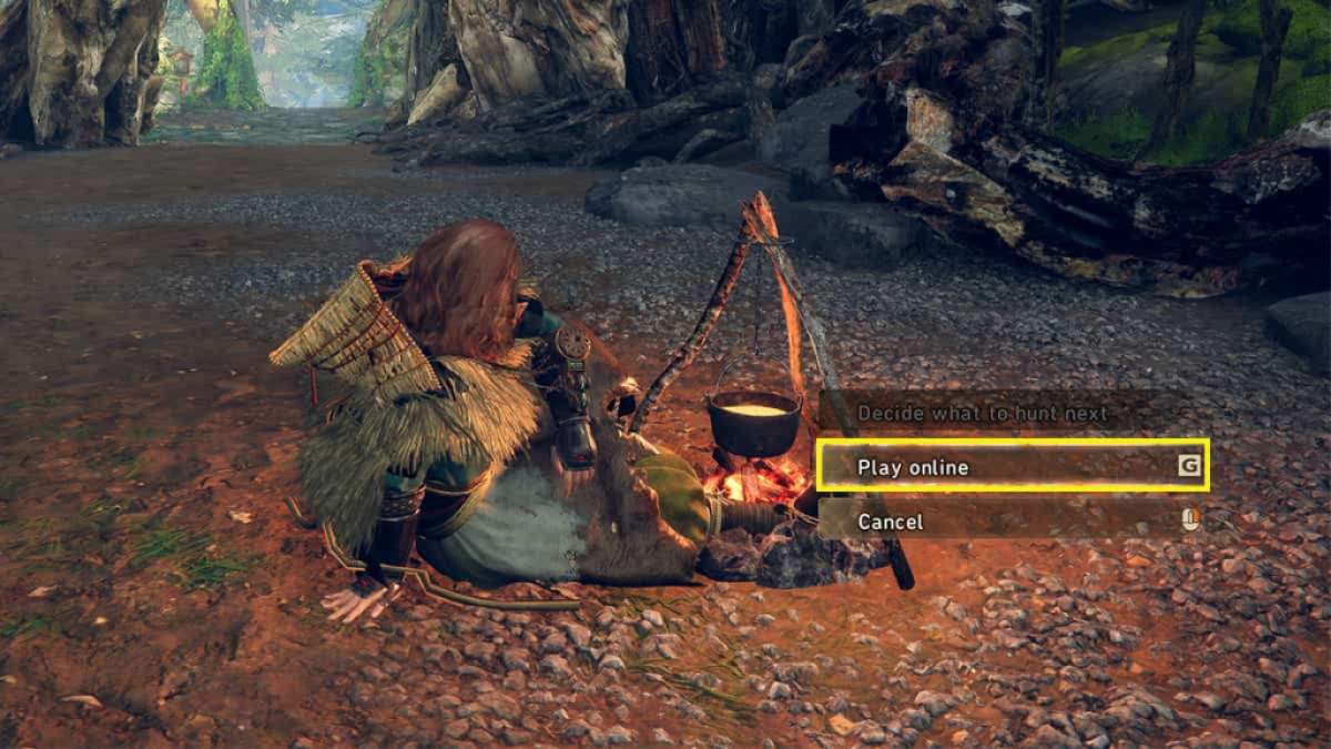 character sitting at a campfire with the "Play online" button highlighted