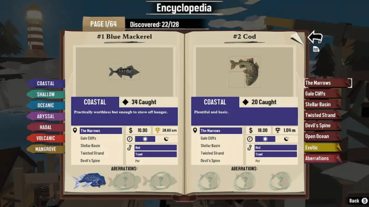 Fish encyclopedia in Dredge game Cod Blue Mackerel