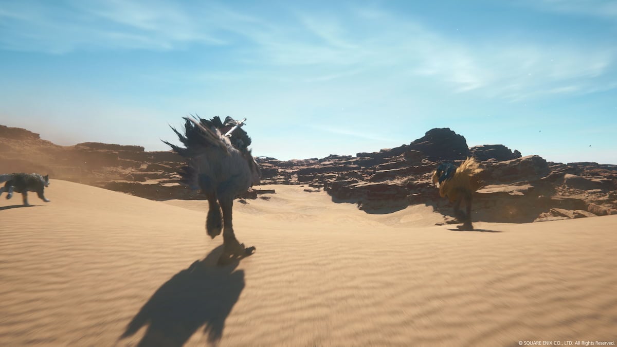 Final Fantasy 16 chocobo running in the desert sun